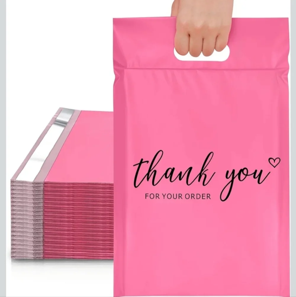 'Thank you for your order' pink poly mailer with handle